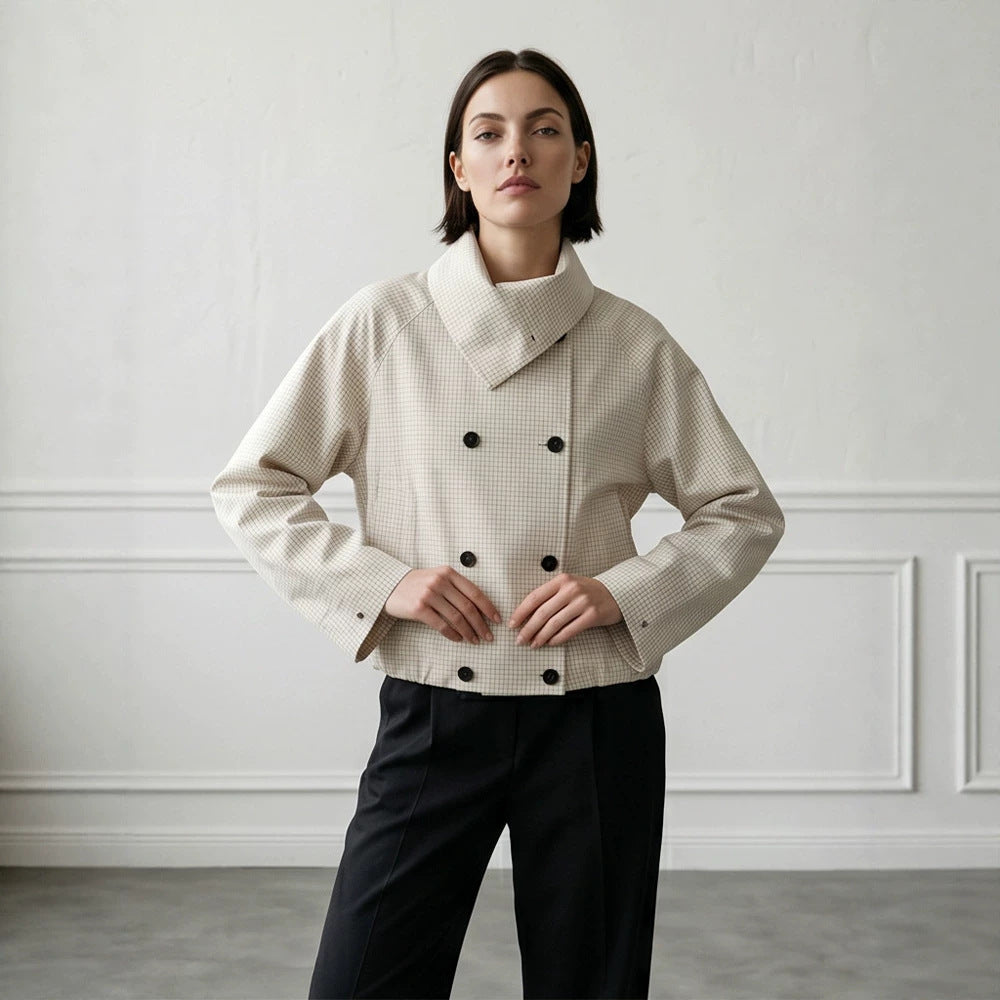 Damen Kurze Doppelreiher-Blousonjacke mit Wickelkragen und Raglanärmeln Drune