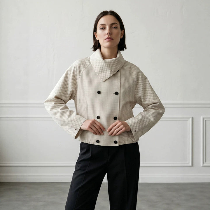 Damen Kurze Doppelreiher-Blousonjacke mit Wickelkragen und Raglanärmeln Drune