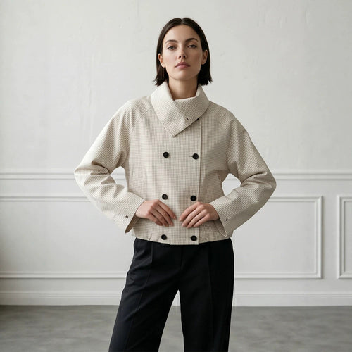Damen Kurze Doppelreiher-Blousonjacke mit Wickelkragen und Raglanärmeln Drune