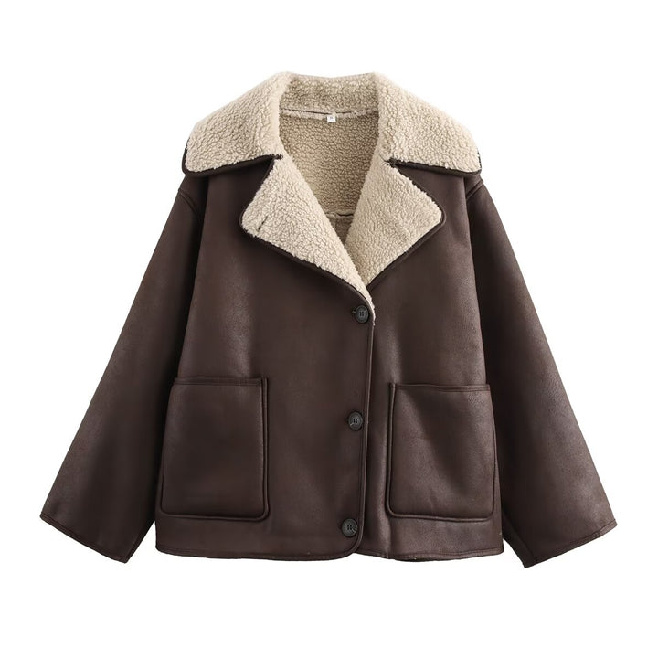 Damen Kurz geschnittener Oversized Lammfellimitat-Mantel mit Teddy-Kragen Drune