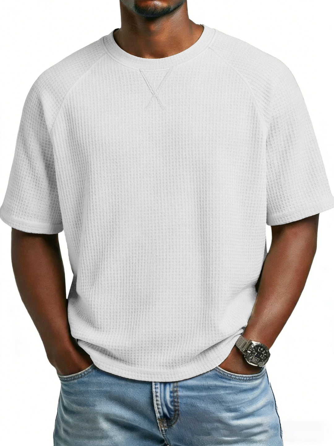 Herren lässiges Waffelstrick-T-Shirt mit Rundhalsausschnitt Drune