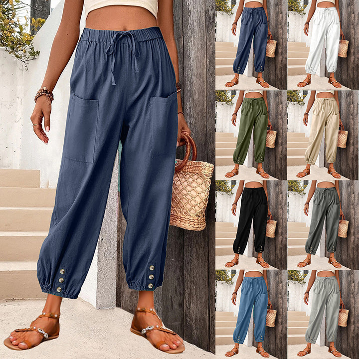 Damen Leinenlook Loungehosen mit hohem elastischem Taillenbund, Kordelzug, aufgesetzten Taschen und geknöpftem Saum Drune
