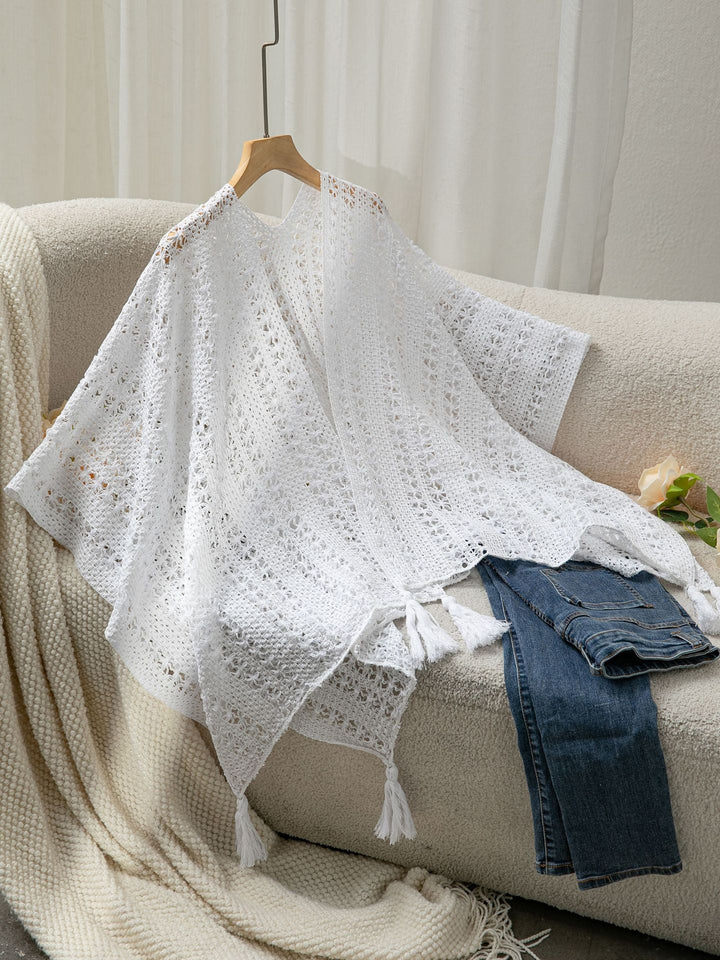 Damen luftiger Strickponcho mit Fransen Drune