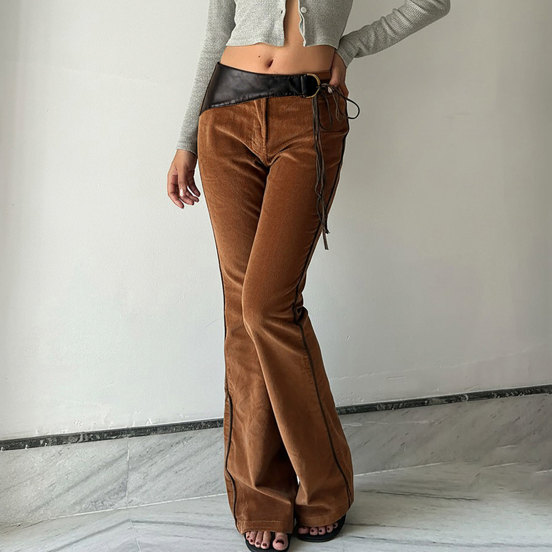 Damen nan ausgestellte Cordhose mit hohem Bund, Lederbesatz und Bindeband Drune