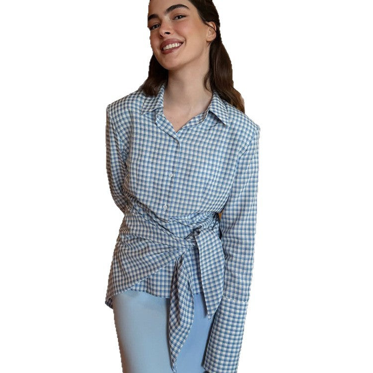 Damen Gingham-Wickelbluse mit seitlicher Taillenbinde und Hemdkragen Drune
