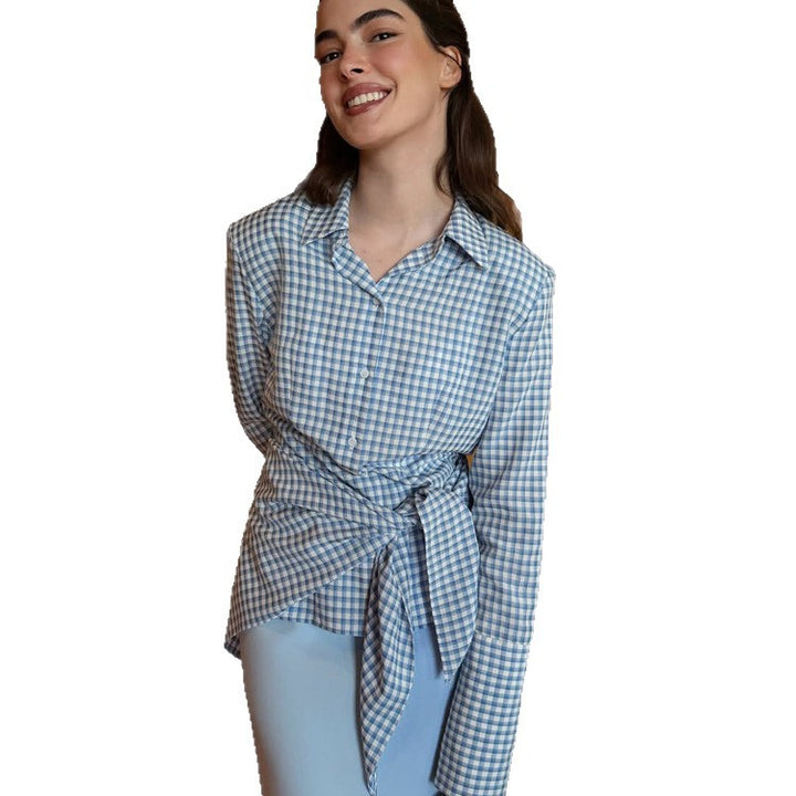 Damen Gingham-Wickelbluse mit seitlicher Taillenbinde und Hemdkragen Drune