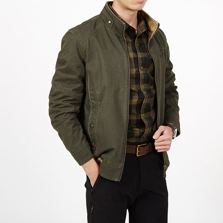 Herren Übergangs-Fieldjacke aus gewachstem Canvas mit Stehkragen und verdecktem Reißverschluss Drune