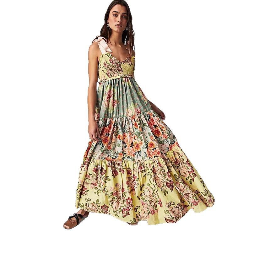 Damen Maxikleid mit floralen Mustern und voluminösem Rock Drune