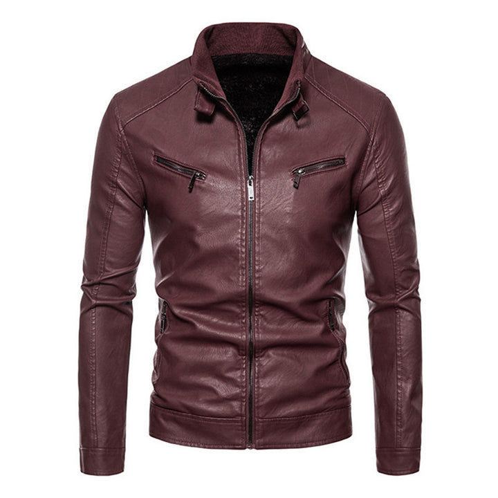 Herren Figurbetonte Kunstleder-Bikerjacke mit Stehkragen und Reißverschlusstaschen Drune