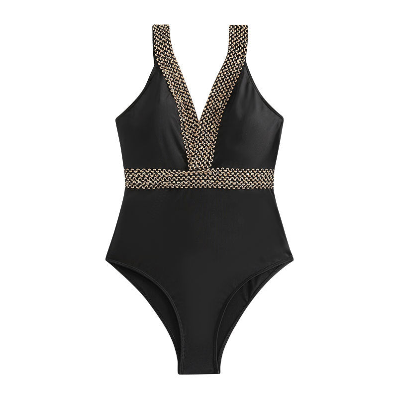 Damen Einteiler Badeanzug mit elegantem V-Ausschnitt und goldenen Details Drune