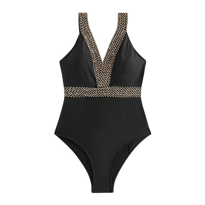 Damen Einteiler Badeanzug mit elegantem V-Ausschnitt und goldenen Details Drune