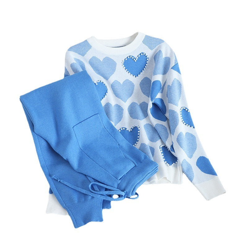 Damen kuscheliges Strick-Loungewear-Set mit Herzmuster Drune