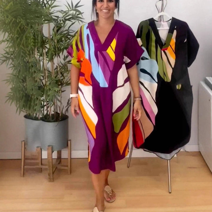 Damen lockeres Wickelkleid mit modernen Farbblockmustern und übergroßen Ärmeln Drune