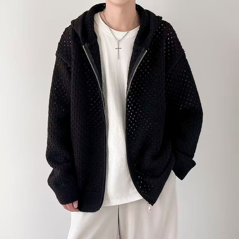 Herren Modische Strickjacke mit Kapuze und luftiger Struktur Drune