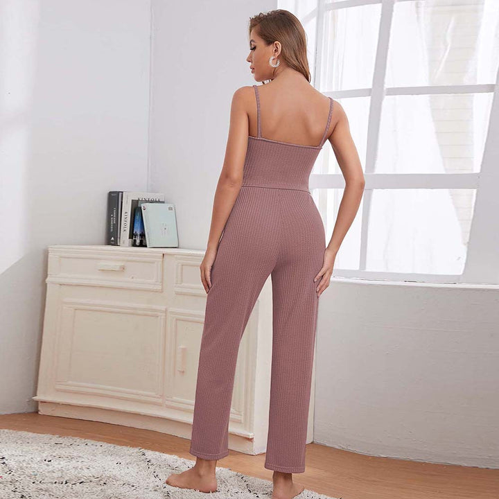 Damen dreiteiliges Lounge-Set aus Waffelstrick mit Longcardigan Spaghettiträger-Top und Highwaist-Jogginghose Drune