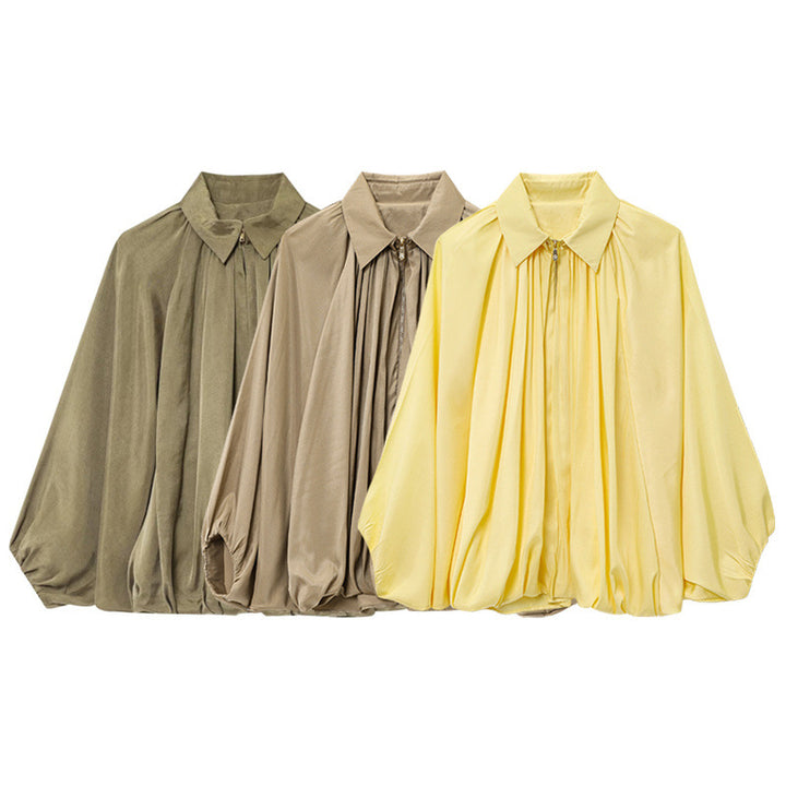 Damen nan weit geschnittene Cape-Bluse mit durchgehendem Reißverschluss, balloniertem Saum und gerafften Ärmeln Drune