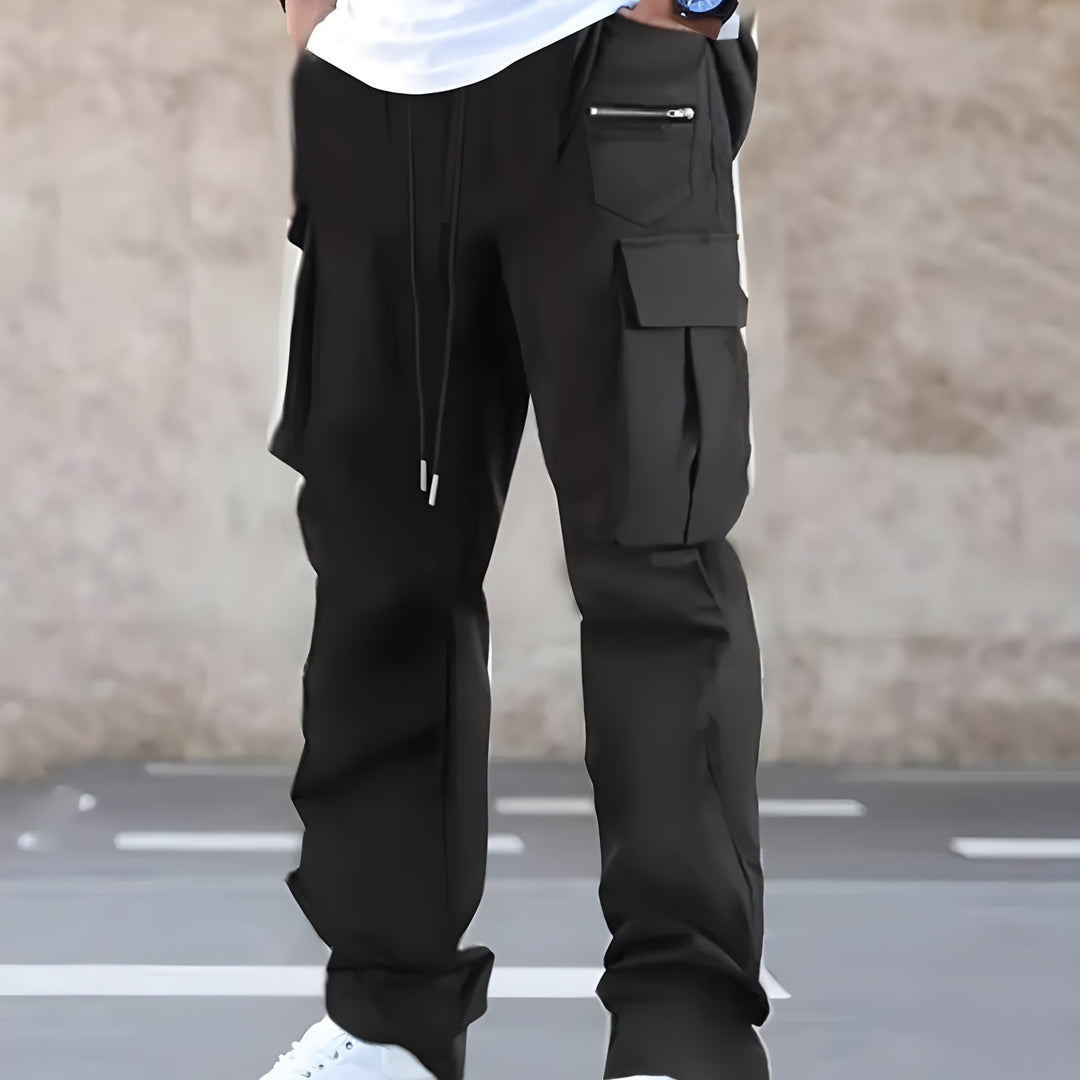 Herren Weite Cargo‑Hose im Baggy‑Cut mit Tunnelzugbund, Zipper‑Tasche & Klappfächern Drune