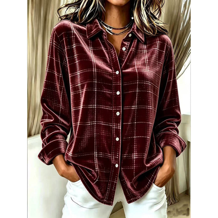 Damen Samt-Hemdbluse mit Karomuster und lockerem Oversize-Schnitt Drune