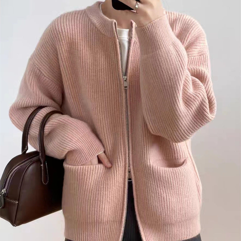 Damen lässige Strickjacke mit Reißverschluss und großen Taschen Drune