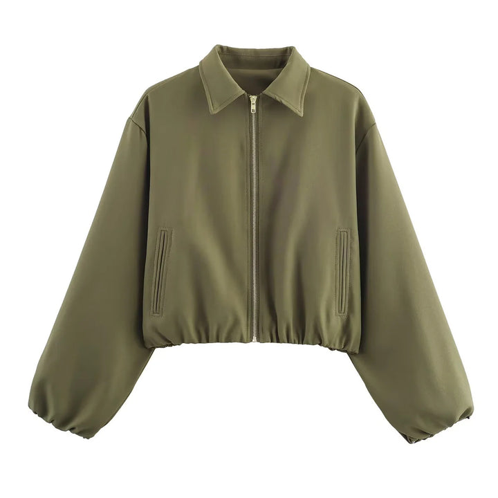 Damen nan cropped Blousonjacke mit Reißverschluss, Hemdkragen, Eingrifftaschen und elastischem Saum Drune