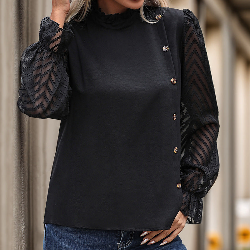 Damen Modisches Blusenshirt mit Rüschendetails und Knopfverzierung Drune