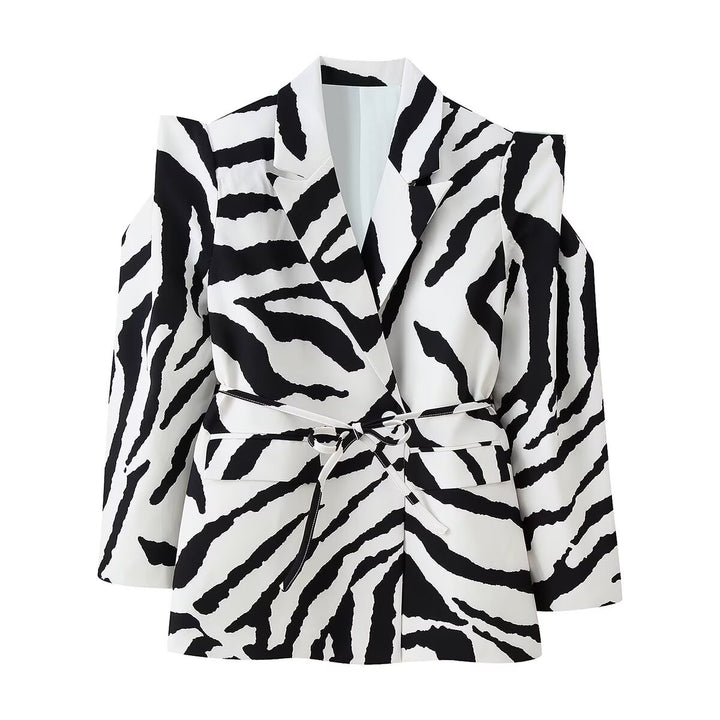 Damen Blazer mit Zebra-Print, tailliertem Bindegürtel und Cut-Out-Schultern Drune