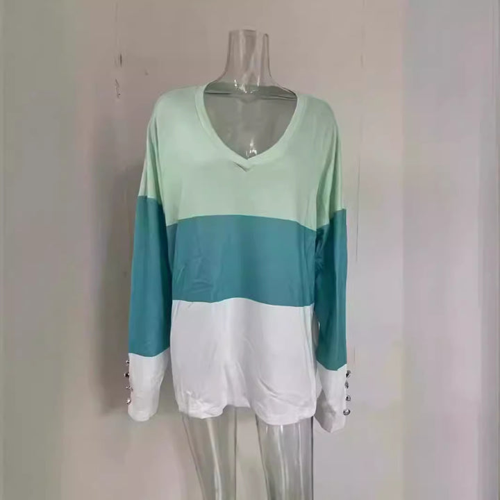 Damen Colorblock V-Ausschnitt Sweatshirt mit Zierknöpfen an den Ärmeln Drune