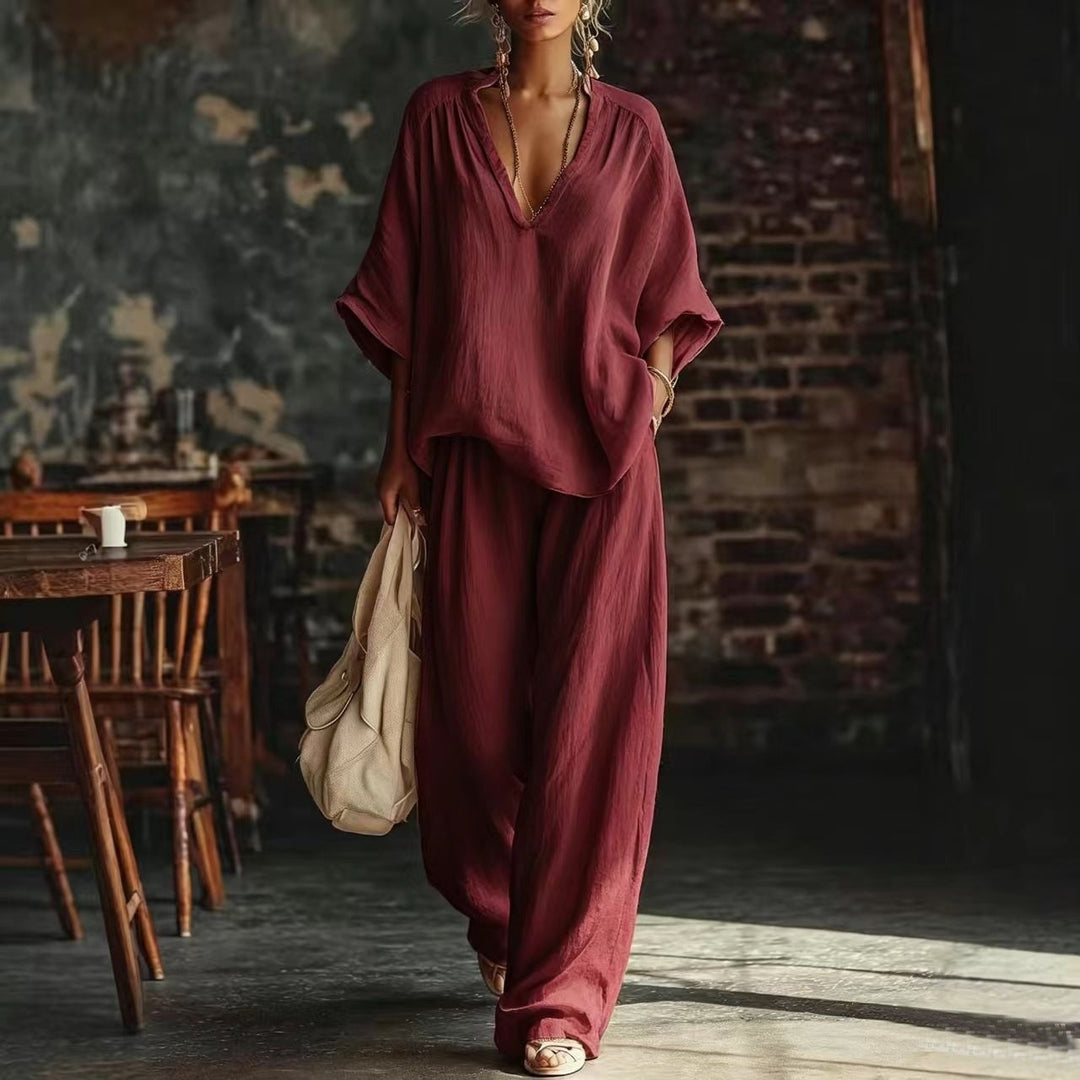 Damen nan lässiges zweiteiliges Leinenoptik-Set mit tiefem V-Ausschnitt, Oversize-Bluse und weitem Palazzo-Hosen Drune