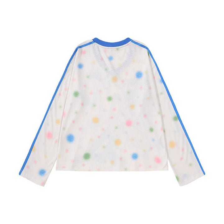 Damen Cropped Mesh-Longsleeve mit V-Ausschnitt, Anime-Print und Kontraststreifen Drune