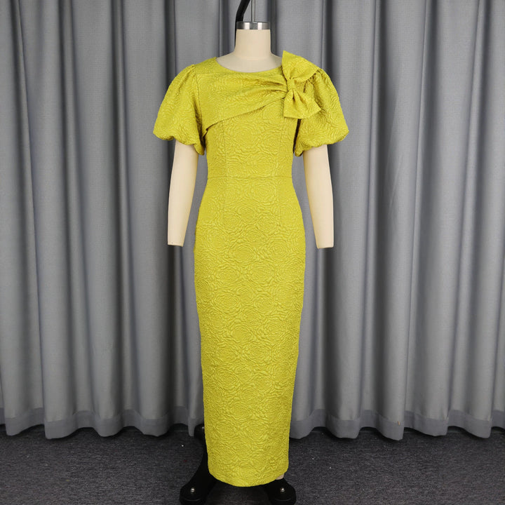 Damen figurumschmeichelndes Maxikleid mit Puffärmeln und Schleifen-Detail Drune