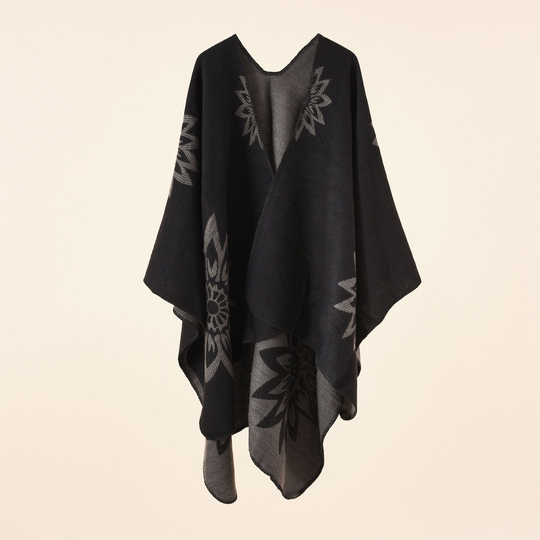 Damen Oversize‑Umhang im Wendefinish mit floraler Intarsienstickerei Drune
