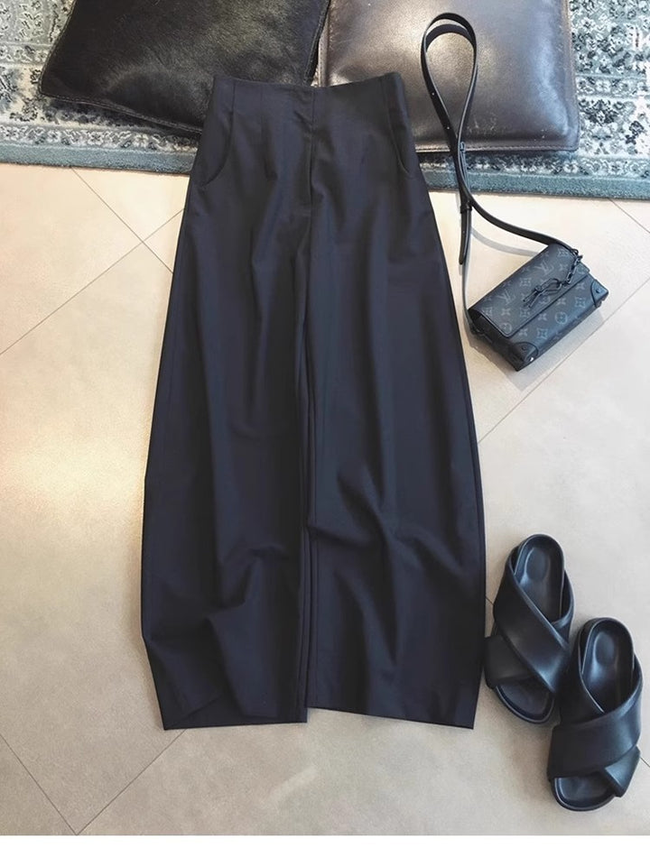 Damen Hochtaillierte weite Palazzo-Culotte mit Bügelfalte und Eingrifftaschen Drune