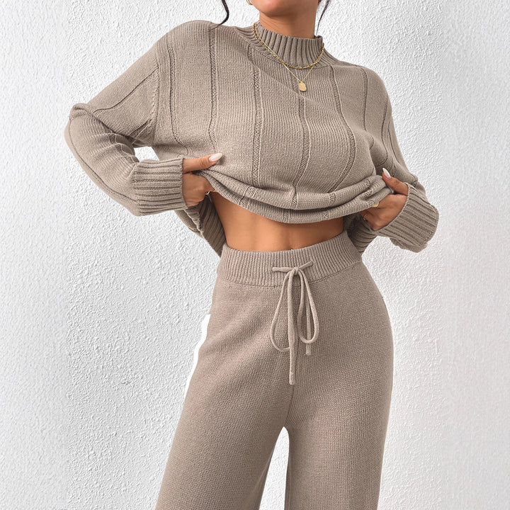 Damen lässiges Strick-Set mit hochabschließendem Pullover und weitem Hosen Drune