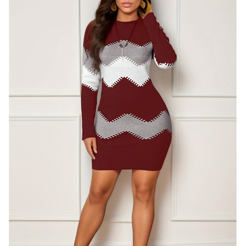 Frauen Figurbetont Strick Mini Kleid mit langen Ärmeln und Zickzack-Muster Drune