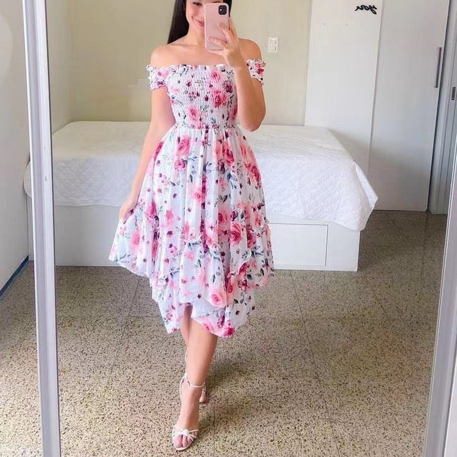 Damen Sommerliches Off-Shoulder Kleid mit farbenfrohem Schmetterlingsmuster und geschmeidigem Faltenwurf Drune