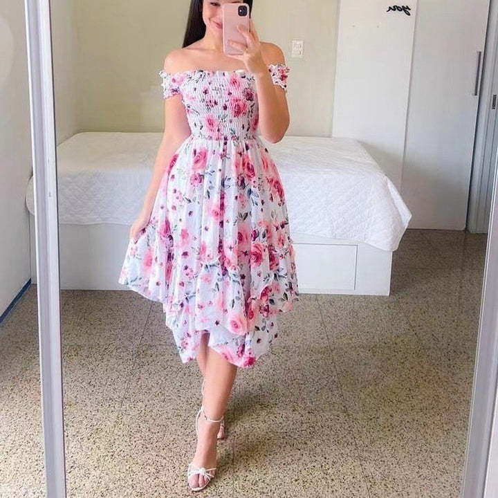 Damen Sommerliches Off-Shoulder Kleid mit farbenfrohem Schmetterlingsmuster und geschmeidigem Faltenwurf Drune