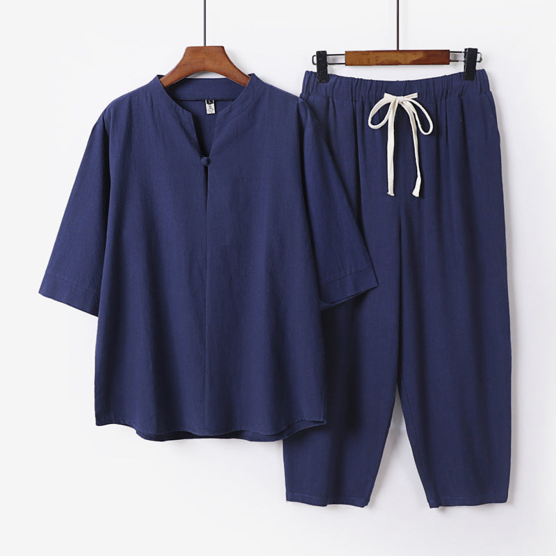 Damen Leichtes Leinen-Baumwoll-Loungewear-Set mit Stehkragen, Dreiviertelärmeln und Gummizugbundhose Drune