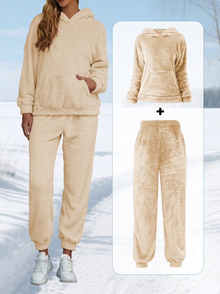 Damen Kuscheliges Teddy-Fleece Lounge-Set mit Kapuze und Kängurutasche Drune