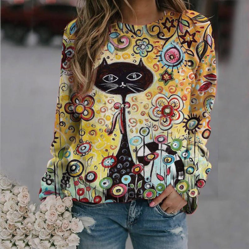Damen Oversized-Sweatshirt mit künstlerischem Katzen-Print und floraler Musterung Drune