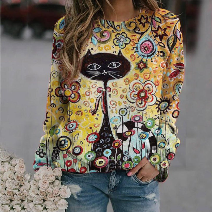 Damen Oversized-Sweatshirt mit künstlerischem Katzen-Print und floraler Musterung Drune