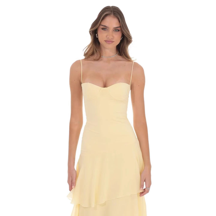 Damen nan romantisches Stufen-Maxikleid mit Herzausschnitt und feinen Spaghettiträgern Drune