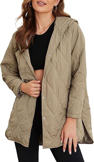 Damen gesteppte Kapuzenjacke mit Oversize-Schnitt, Druckknopfverschluss und Seitenschlitzen Drune