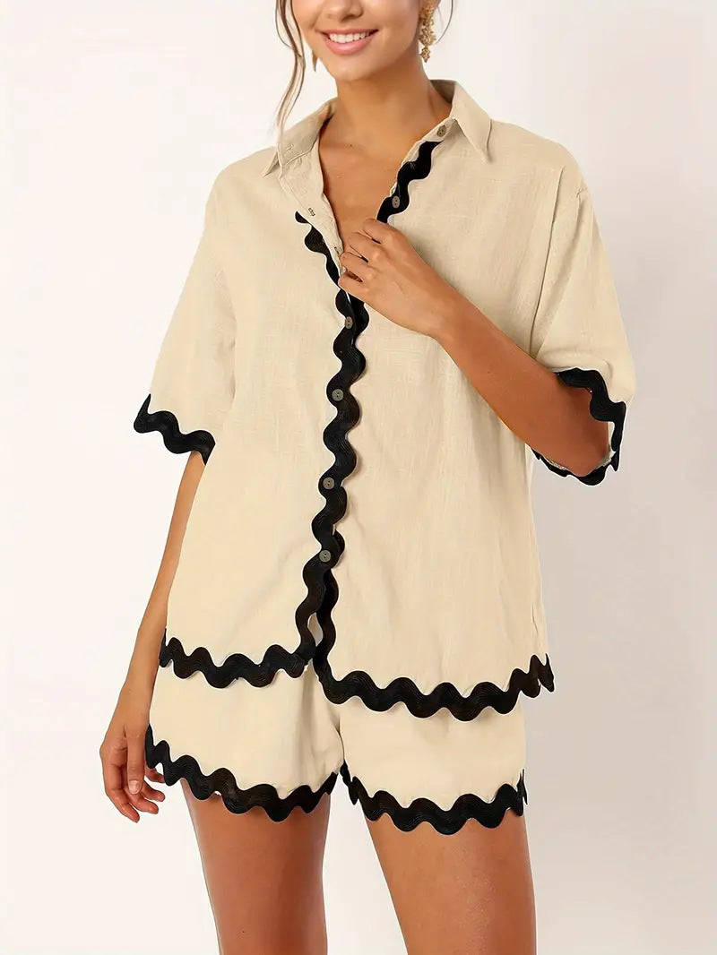 Damen Freizeit Blusen-Shorts Set mit eleganten Wellenkanten Drune