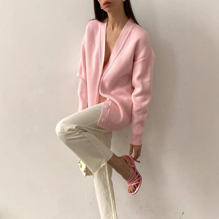 Damen modischer Strickcardigan mit V-Ausschnitt und Knopfdetails Drune