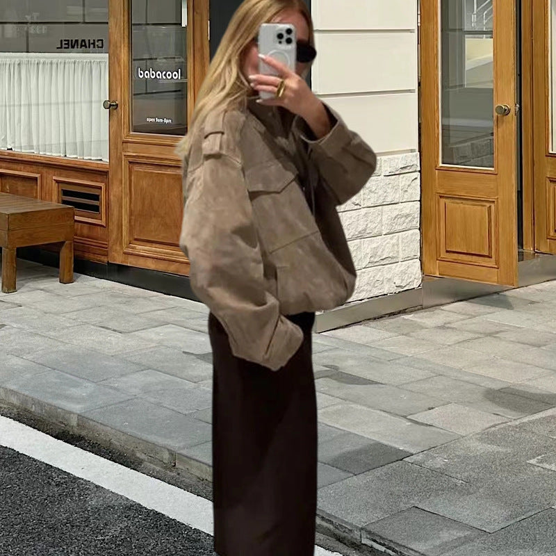 Damen Fetziges Wildlederjacke mit praktischen Taschen Drune