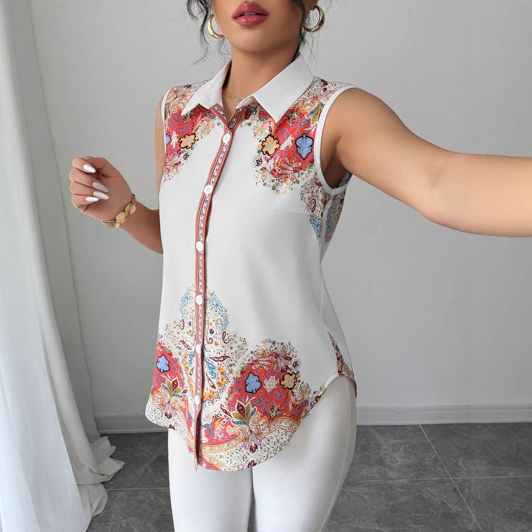 Damen Ärmellose Hemdbluse mit Kentkragen, A-Linien-Silhouette und durchgehender Knopfleiste Drune