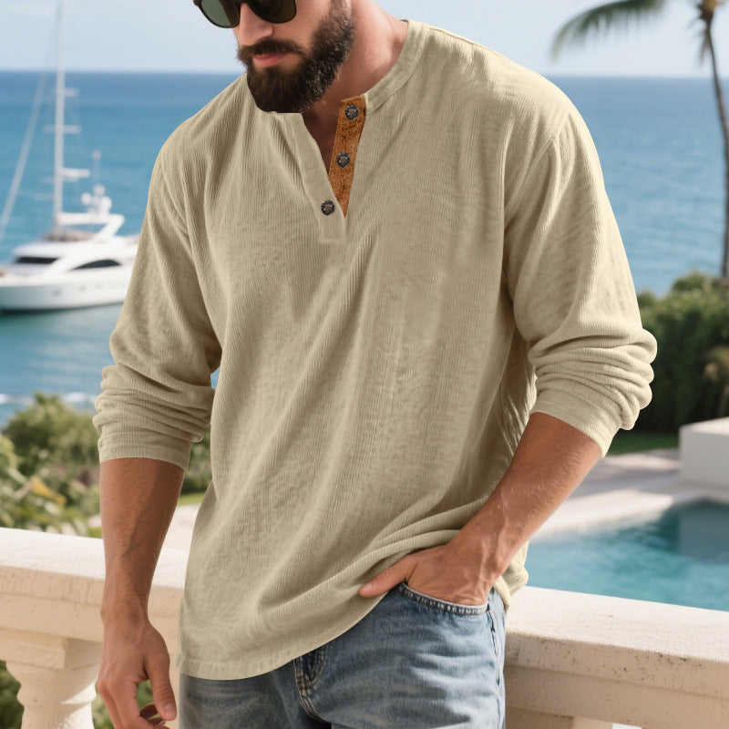 Herren nan langärmeliges Henleyshirt aus strukturierter Baumwollmischung mit Zierknopfleiste Drune