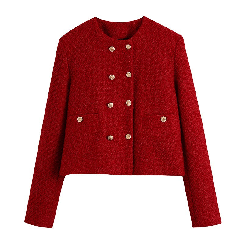 Damen Kurzjacke aus Bouclé‑Tweed im kurzen Schnitt mit rundem Halsausschnitt und goldenen Zierknöpfen Drune
