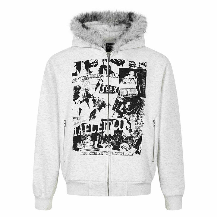 Damen Kapuzen‑Sweatjacke mit Kunstfellbesatz, Frontzip und Collage‑Print Drune