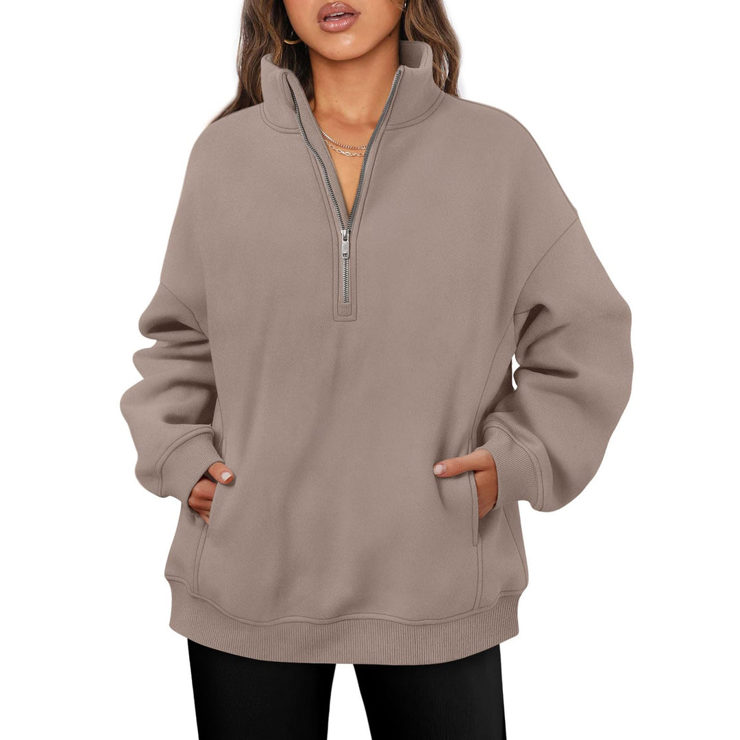 Damen nan oversized Halbzip-Pullover mit Stehkragen, Kängurutasche und Rippbündchen Drune